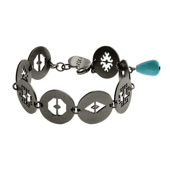 Durchbrochenes Armband mit peruanischen Symbolen und türkisfarbenem Stein