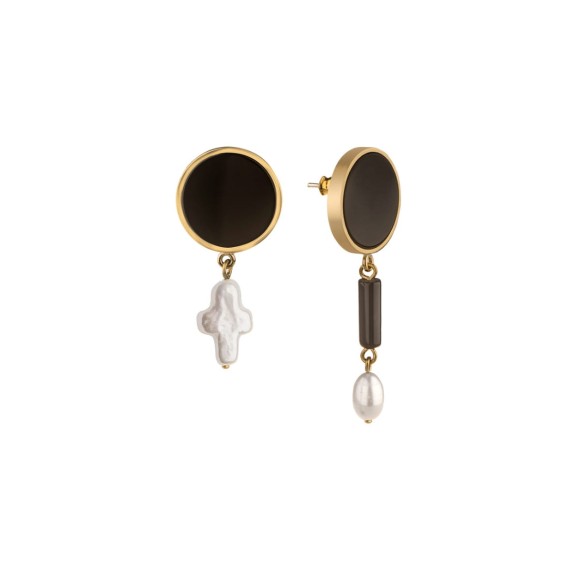 Asymmetrische, vergoldete Ohrringe mit Onyx und Perlen ORSKA